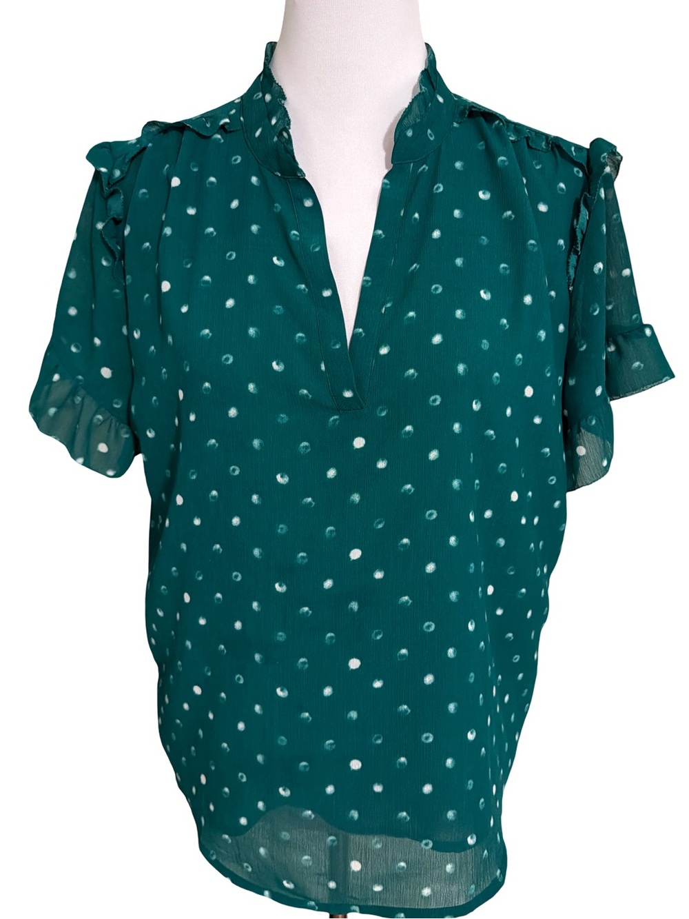 J. Crew Teal Polka Dot Short Sleeve V-Neck Blouse